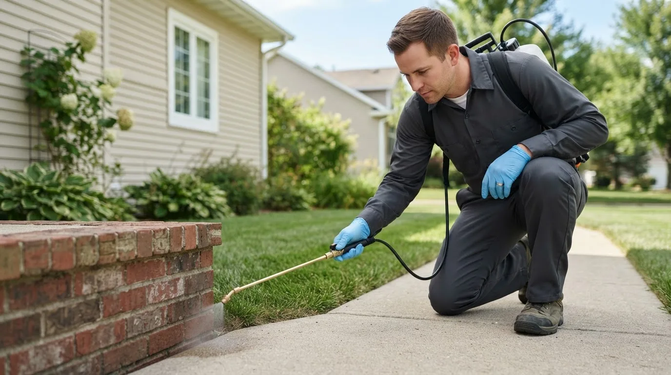 Pest control technician treating a home near Crofton, MD